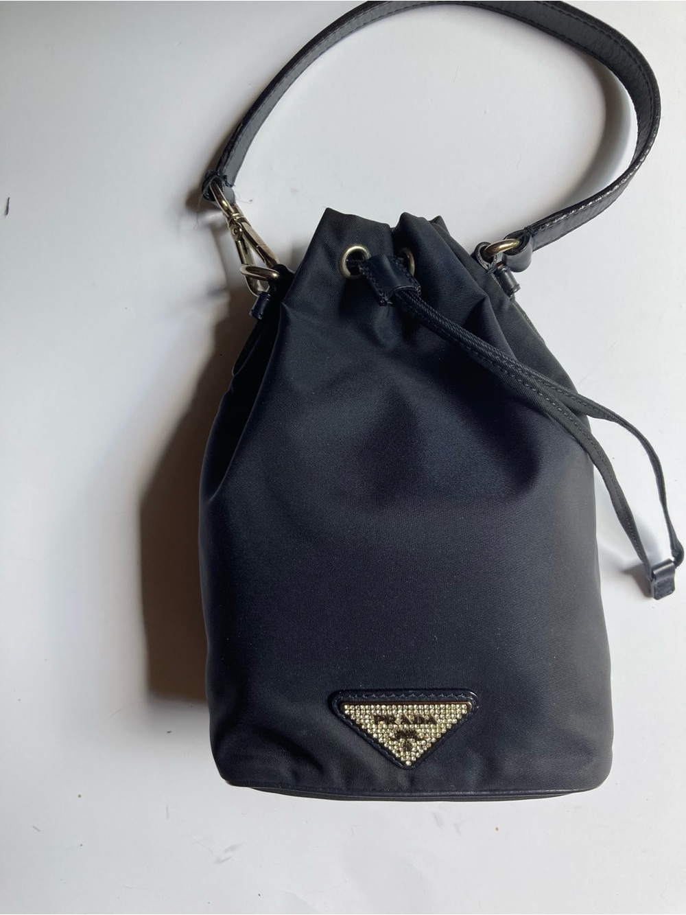 Prada Black Drawstring Satchel with Rhinestone Logo